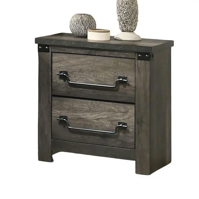 Alt view image 6 of 7 - Rustic Gray 1Pc Bedside Table Melamine Paper Wooden Nightstand Antique Brass Color Drop Handles