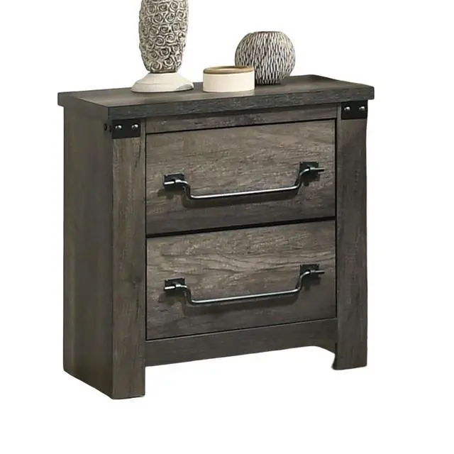 Alt view image 7 of 7 - Rustic Gray 1Pc Bedside Table Melamine Paper Wooden Nightstand Antique Brass Color Drop Handles