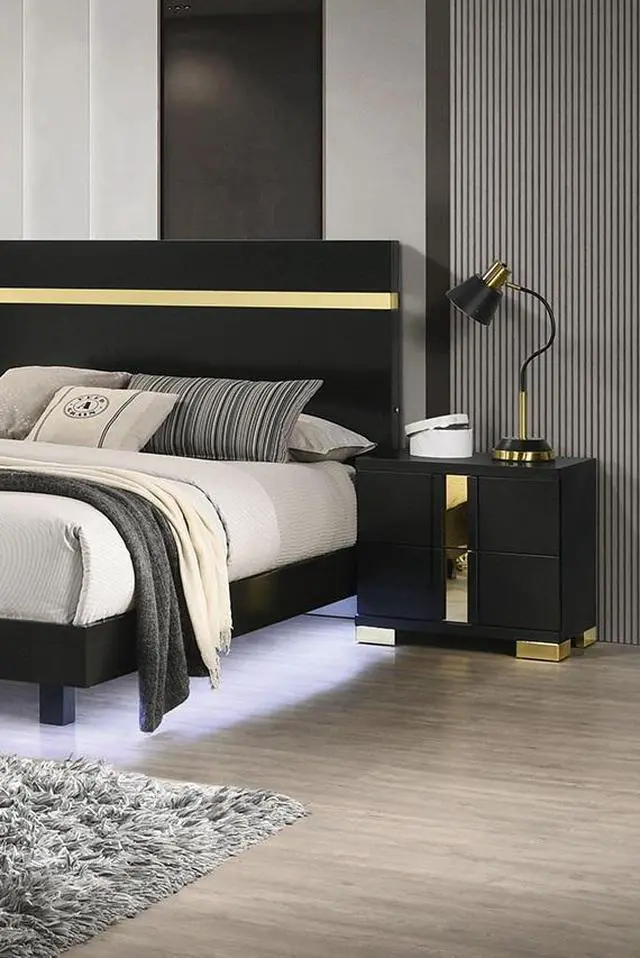 Alt view image 3 of 7 - Black And Gold Trim 1Pc Nightstand Bracketed Metal Legs Acrylic Trim Contemporary Bedroom Furniture