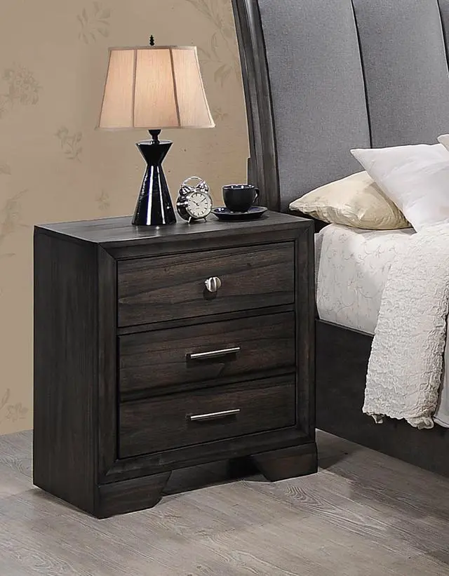 Alt view image 2 of 5 - 1Pc Contemporary Dark Wood Grain Finish Metal Knobs Two-Drawers Nightstand Wooden Gray