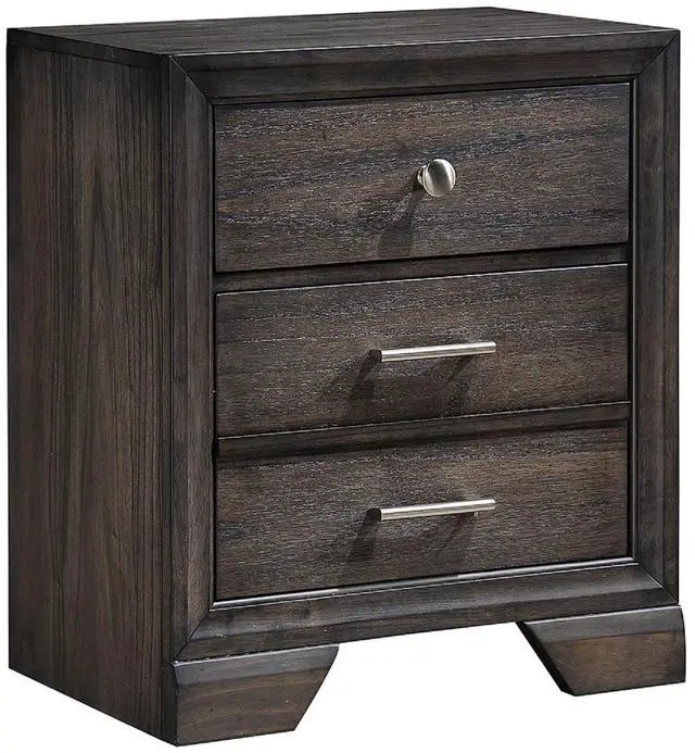 Alt view image 3 of 5 - 1Pc Contemporary Dark Wood Grain Finish Metal Knobs Two-Drawers Nightstand Wooden Gray