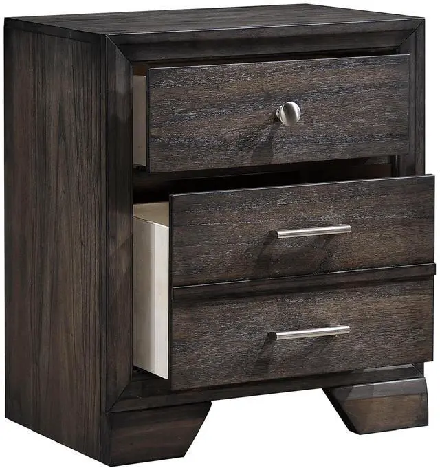 Alt view image 4 of 5 - 1Pc Contemporary Dark Wood Grain Finish Metal Knobs Two-Drawers Nightstand Wooden Gray