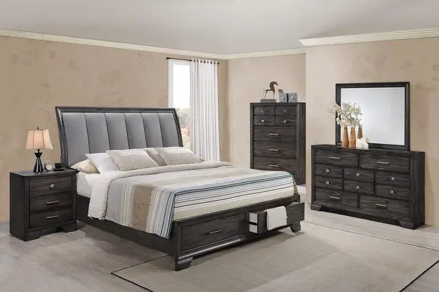 Alt view image 5 of 5 - 1Pc Contemporary Dark Wood Grain Finish Metal Knobs Two-Drawers Nightstand Wooden Gray