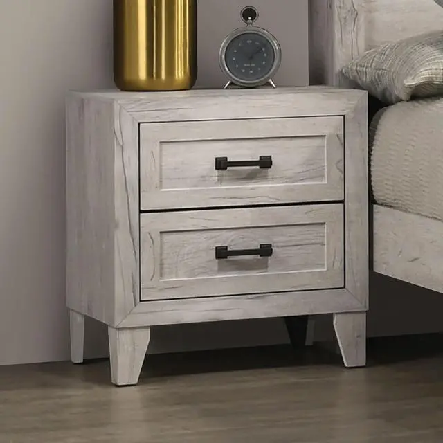 Main image of Bedside Table White Wash Finish Striking Elegant 1pc Nightstand Contemporary Style Black Bar Pull 2-Drawers