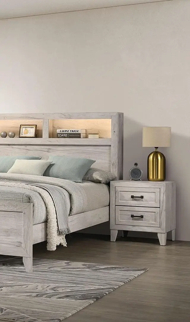 Alt view image 6 of 7 - Bedside Table White Wash Finish Striking Elegant 1pc Nightstand Contemporary Style Black Bar Pull 2-Drawers