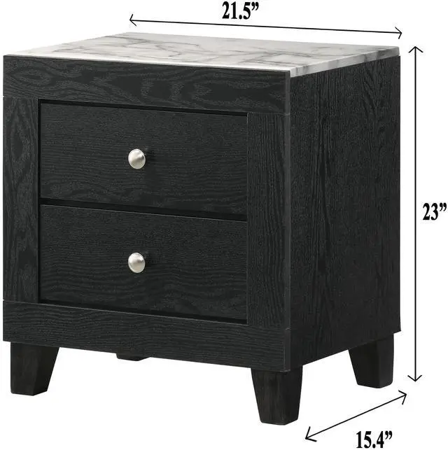 Alt view image 4 of 5 - 1Pc Contemporary Modern White Faux Marble Top 2 Drawers Nightstand Black Finish Bedroom Furniture
