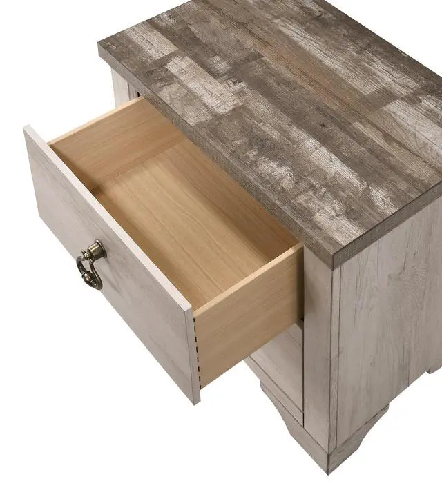 Alt view image 2 of 6 - 1Pc Cottage Style Distressed 2 Drawer Nightstand Driftwood Finish Contrasting Weathered Brown Top Traditional Ring Pull Hardware Wooden