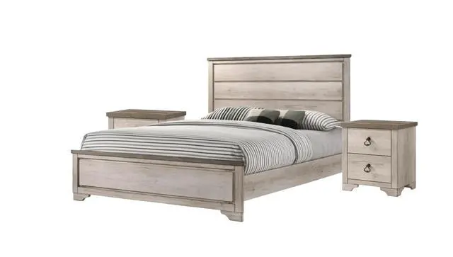 Alt view image 5 of 6 - 1Pc Cottage Style Distressed 2 Drawer Nightstand Driftwood Finish Contrasting Weathered Brown Top Traditional Ring Pull Hardware Wooden