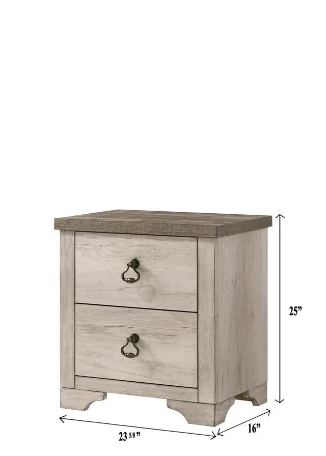 Alt view image 4 of 6 - 1Pc Cottage Style Distressed 2 Drawer Nightstand Driftwood Finish Contrasting Weathered Brown Top Traditional Ring Pull Hardware Wooden
