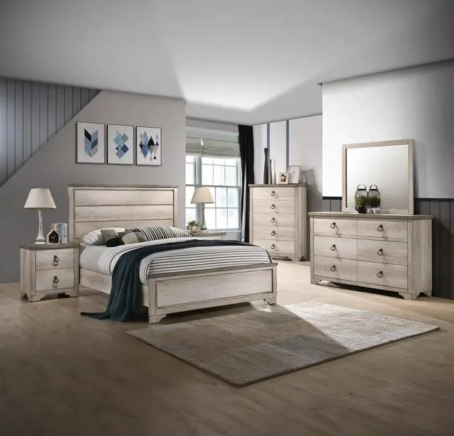 Alt view image 6 of 6 - 1Pc Cottage Style Distressed 2 Drawer Nightstand Driftwood Finish Contrasting Weathered Brown Top Traditional Ring Pull Hardware Wooden
