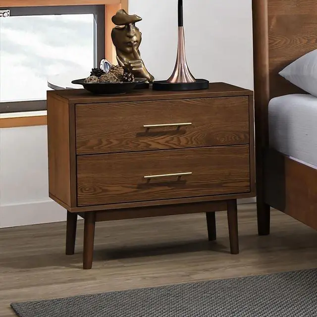 Main image of Walnut 1Pc Nightstand Solid Wood Bedside Table Nickle Bar Pulls 2-Drawers Round Tapered Legs Bedroom Modern Style