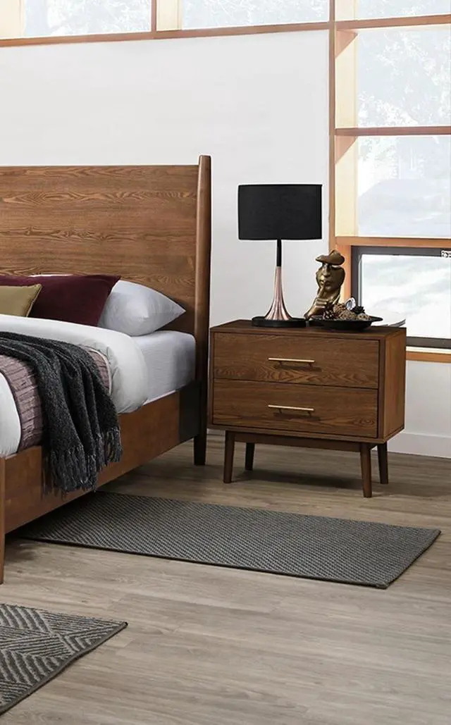 Alt view image 2 of 7 - Walnut 1Pc Nightstand Solid Wood Bedside Table Nickle Bar Pulls 2-Drawers Round Tapered Legs Bedroom Modern Style