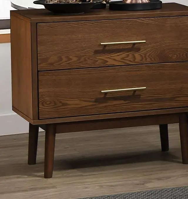 Alt view image 7 of 7 - Walnut 1Pc Nightstand Solid Wood Bedside Table Nickle Bar Pulls 2-Drawers Round Tapered Legs Bedroom Modern Style