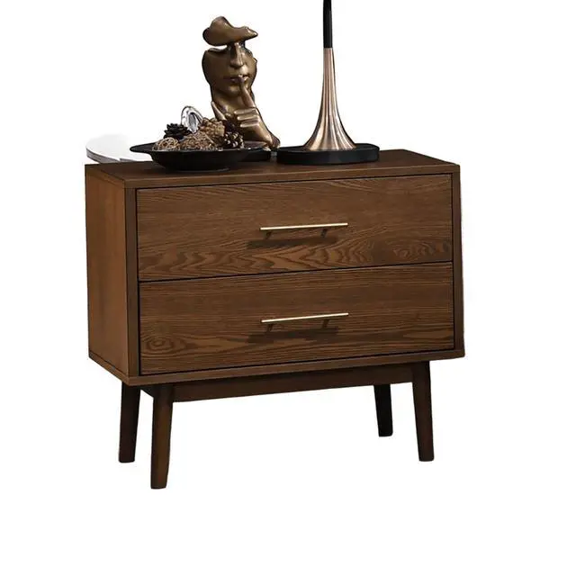 Alt view image 5 of 7 - Walnut 1Pc Nightstand Solid Wood Bedside Table Nickle Bar Pulls 2-Drawers Round Tapered Legs Bedroom Modern Style