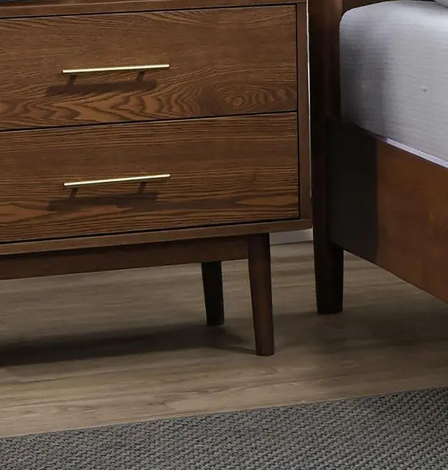Alt view image 6 of 7 - Walnut 1Pc Nightstand Solid Wood Bedside Table Nickle Bar Pulls 2-Drawers Round Tapered Legs Bedroom Modern Style
