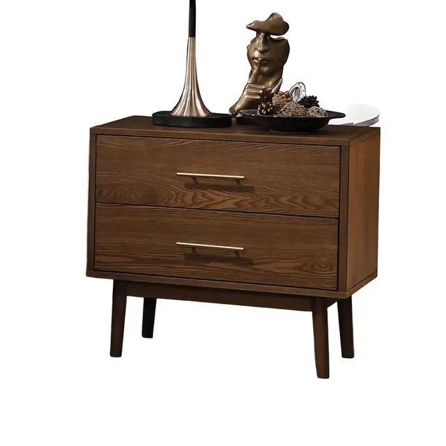Alt view image 4 of 7 - Walnut 1Pc Nightstand Solid Wood Bedside Table Nickle Bar Pulls 2-Drawers Round Tapered Legs Bedroom Modern Style