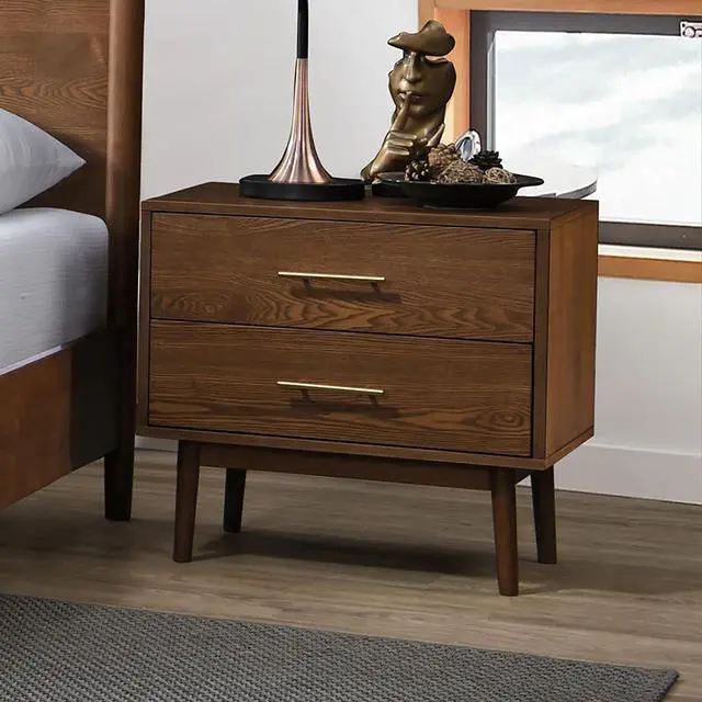 Alt view image 3 of 7 - Walnut 1Pc Nightstand Solid Wood Bedside Table Nickle Bar Pulls 2-Drawers Round Tapered Legs Bedroom Modern Style