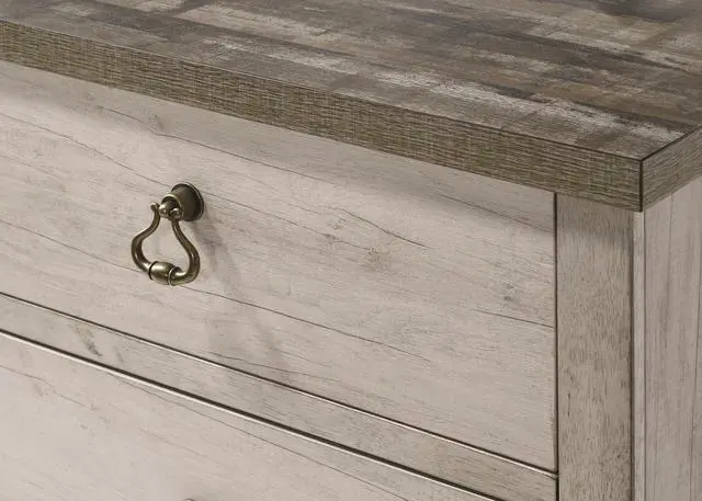 Alt view image 3 of 6 - 1Pc Cottage Style Distressed 2 Drawer Nightstand Driftwood Finish Contrasting Weathered Brown Top Traditional Ring Pull Hardware Wooden