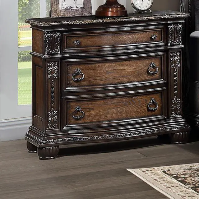 Alt view image 2 of 6 - 1Pc Marble Top Three Drawers Nightstand Intricate Moldings Beautifully Antiqued Hardware Curved Silhouette Bedroom Solid Wood Furniture Coffee Brown Finish