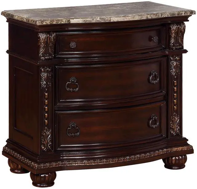 Main image of 1pc Marble Top Three Drawers Nightstand Intricate Moldings Beautifully Curved Silhouette Brown Dark Cherry Finish Bedroom Solid Wood Furniture