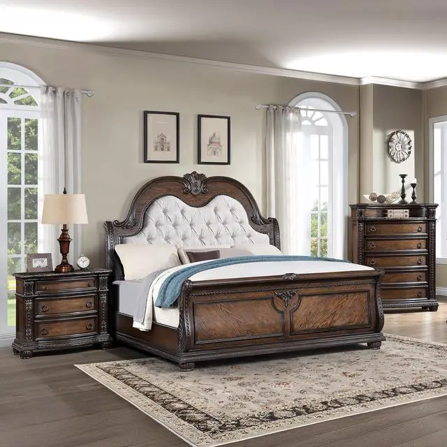 Alt view image 5 of 6 - 1Pc Marble Top Three Drawers Nightstand Intricate Moldings Beautifully Antiqued Hardware Curved Silhouette Bedroom Solid Wood Furniture Coffee Brown Finish