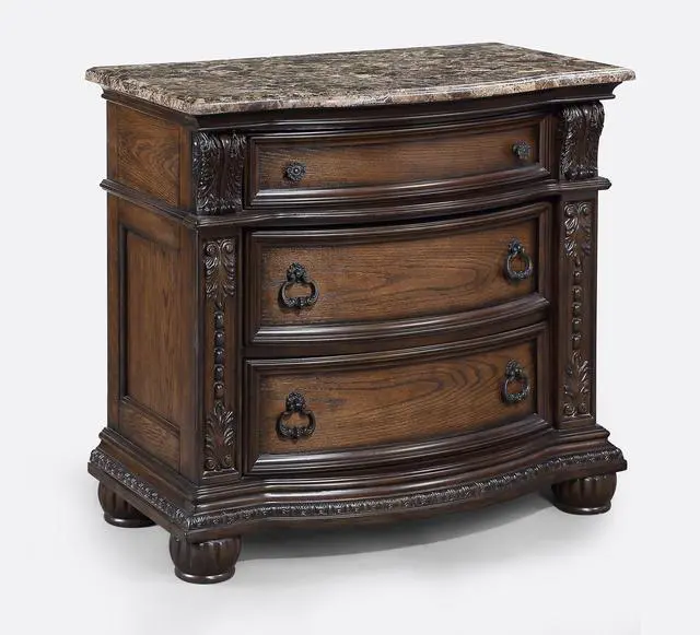 Main image of 1Pc Marble Top Three Drawers Nightstand Intricate Moldings Beautifully Antiqued Hardware Curved Silhouette Bedroom Solid Wood Furniture Coffee Brown Finish