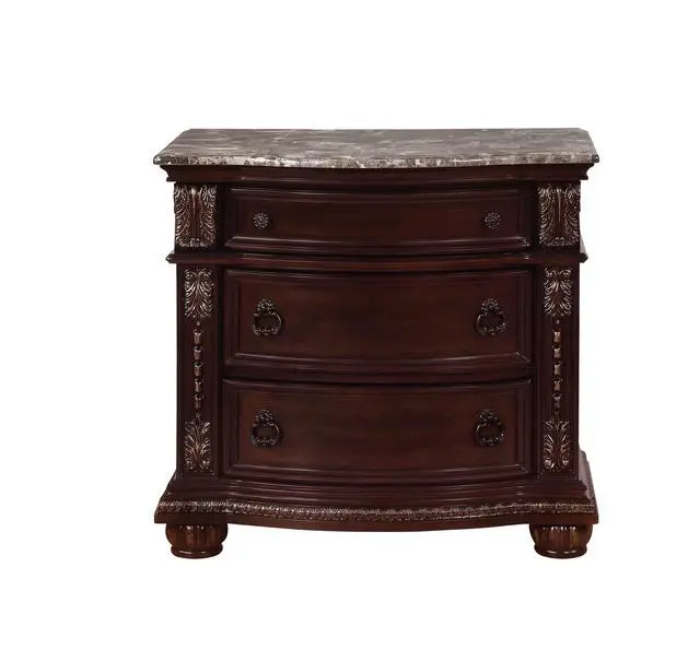 Alt view image 2 of 5 - 1pc Marble Top Three Drawers Nightstand Intricate Moldings Beautifully Curved Silhouette Brown Dark Cherry Finish Bedroom Solid Wood Furniture
