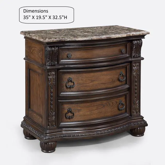 Alt view image 3 of 6 - 1Pc Marble Top Three Drawers Nightstand Intricate Moldings Beautifully Antiqued Hardware Curved Silhouette Bedroom Solid Wood Furniture Coffee Brown Finish