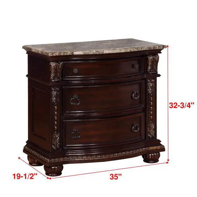 Alt view image 4 of 5 - 1pc Marble Top Three Drawers Nightstand Intricate Moldings Beautifully Curved Silhouette Brown Dark Cherry Finish Bedroom Solid Wood Furniture