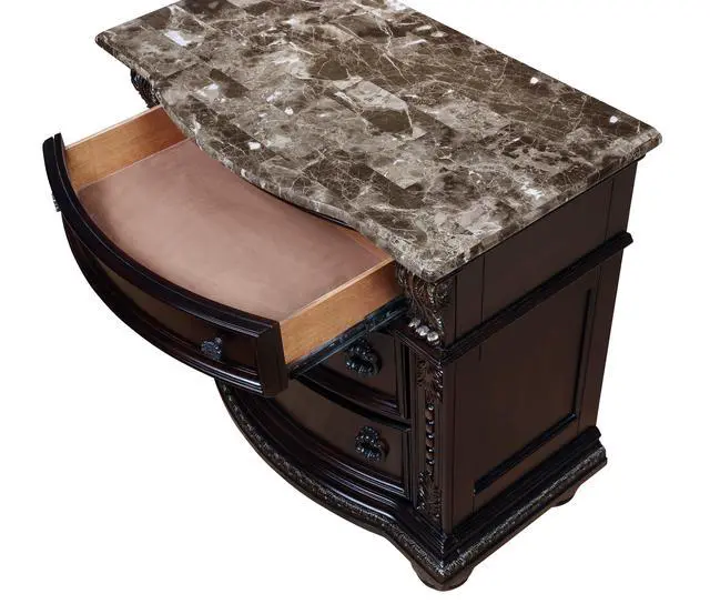Alt view image 3 of 5 - 1pc Marble Top Three Drawers Nightstand Intricate Moldings Beautifully Curved Silhouette Brown Dark Cherry Finish Bedroom Solid Wood Furniture