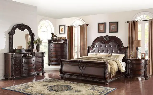 Alt view image 5 of 5 - 1pc Marble Top Three Drawers Nightstand Intricate Moldings Beautifully Curved Silhouette Brown Dark Cherry Finish Bedroom Solid Wood Furniture
