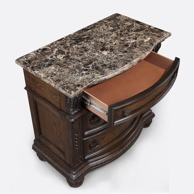 Alt view image 4 of 6 - 1Pc Marble Top Three Drawers Nightstand Intricate Moldings Beautifully Antiqued Hardware Curved Silhouette Bedroom Solid Wood Furniture Coffee Brown Finish