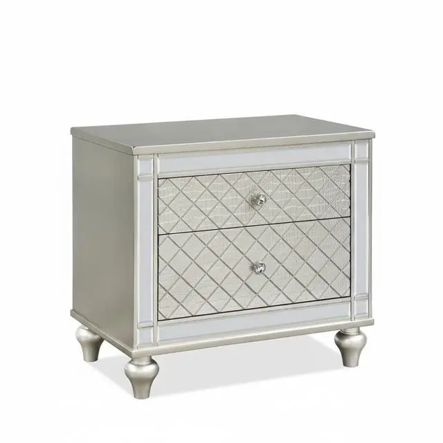 Main image of 1pc Glam 2-Drawer Bedroom Nightstand Diamond Patterned Drawer Fronts Silver Finish