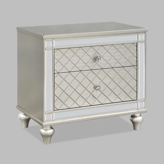 Alt view image 2 of 7 - 1pc Glam 2-Drawer Bedroom Nightstand Diamond Patterned Drawer Fronts Silver Finish