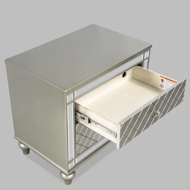 Alt view image 4 of 7 - 1pc Glam 2-Drawer Bedroom Nightstand Diamond Patterned Drawer Fronts Silver Finish