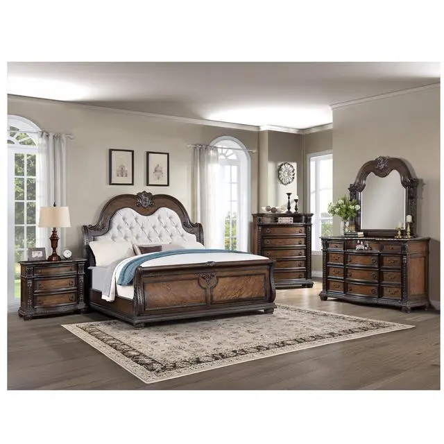 Alt view image 6 of 6 - 1Pc Marble Top Three Drawers Nightstand Intricate Moldings Beautifully Antiqued Hardware Curved Silhouette Bedroom Solid Wood Furniture Coffee Brown Finish