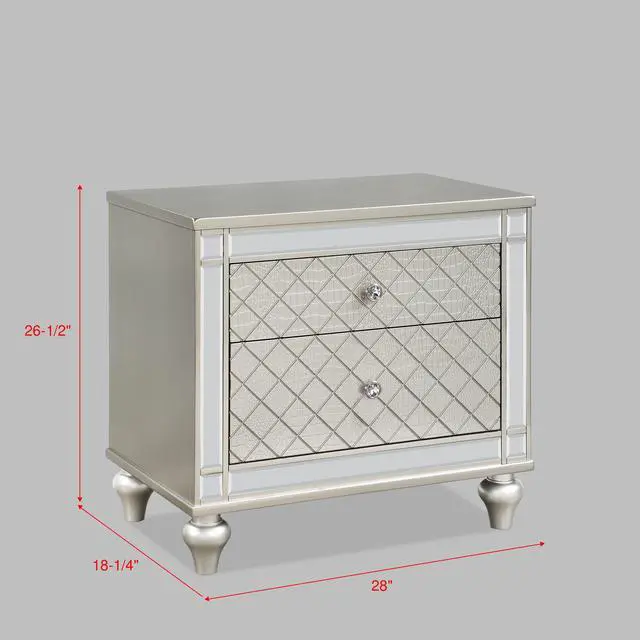 Alt view image 3 of 7 - 1pc Glam 2-Drawer Bedroom Nightstand Diamond Patterned Drawer Fronts Silver Finish