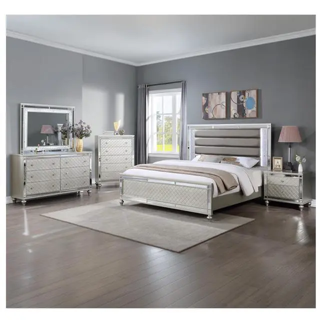 Alt view image 7 of 7 - 1pc Glam 2-Drawer Bedroom Nightstand Diamond Patterned Drawer Fronts Silver Finish