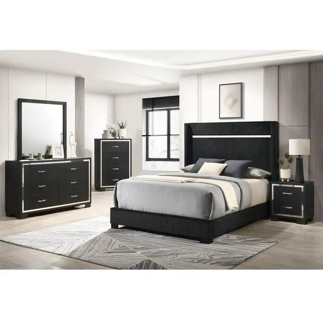Alt view image 6 of 6 - Modern 1Pc Glam 2-Drawer Bedroom Nightstand Sleek Metal Handles Wooden Black Bedroom Furniture