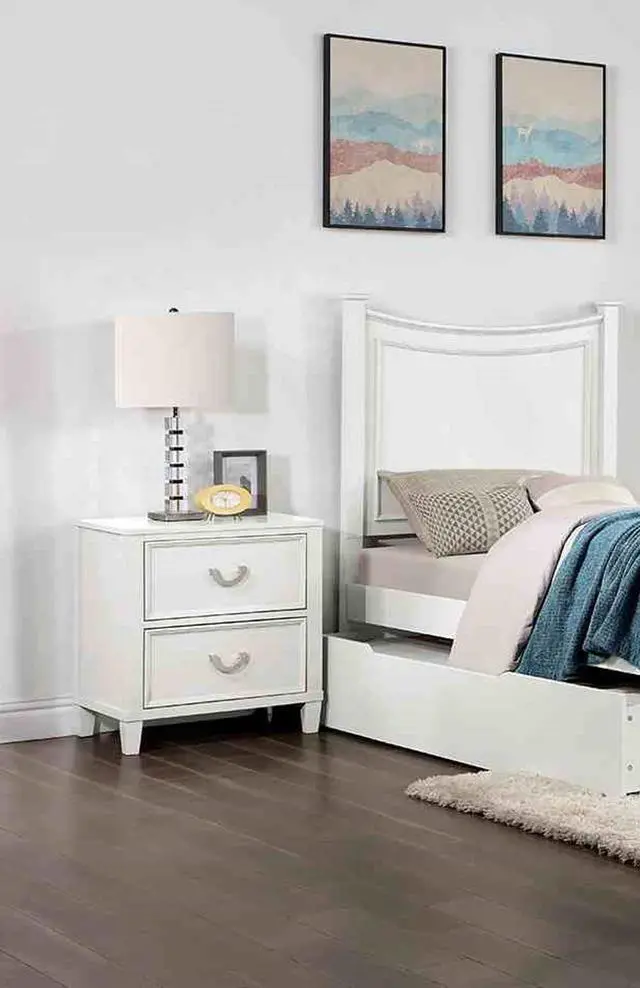 Main image of Transitional White 1pc Nightstand Only Dovetail Drawers Solid wood Bedside Table Chrome Hanging Pulls