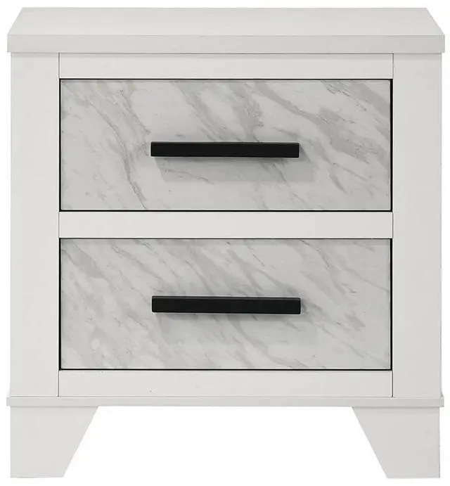 Main image of White Color 1Pc Nightstand Black Bar Pulls Bedside Table Metal Center Glide Faux Marble Insert Bedroom Rubberwood
