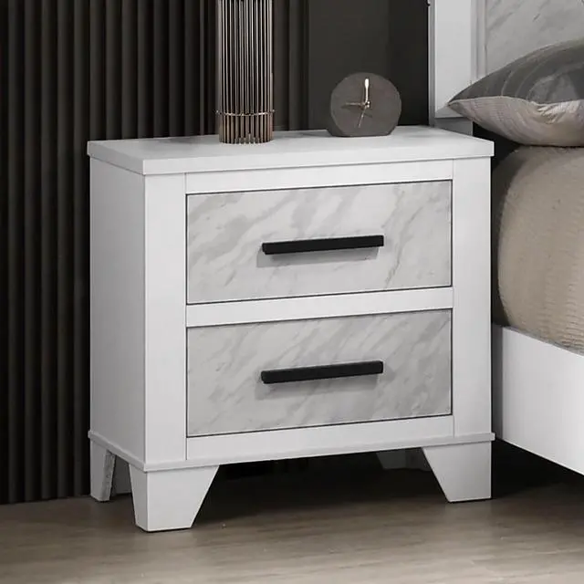 Alt view image 2 of 7 - White Color 1Pc Nightstand Black Bar Pulls Bedside Table Metal Center Glide Faux Marble Insert Bedroom Rubberwood