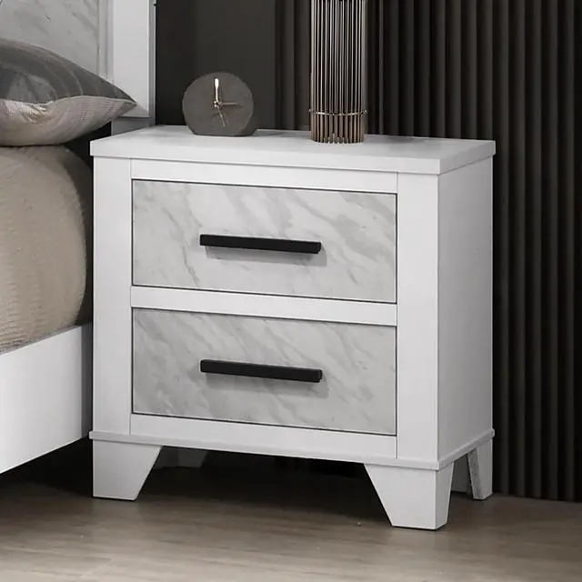 Alt view image 3 of 7 - White Color 1Pc Nightstand Black Bar Pulls Bedside Table Metal Center Glide Faux Marble Insert Bedroom Rubberwood
