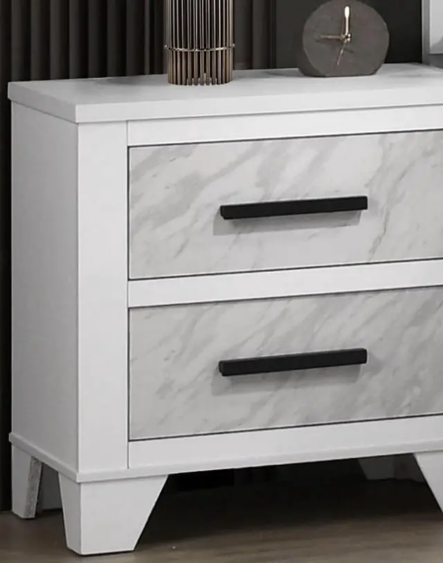 Alt view image 4 of 7 - White Color 1Pc Nightstand Black Bar Pulls Bedside Table Metal Center Glide Faux Marble Insert Bedroom Rubberwood