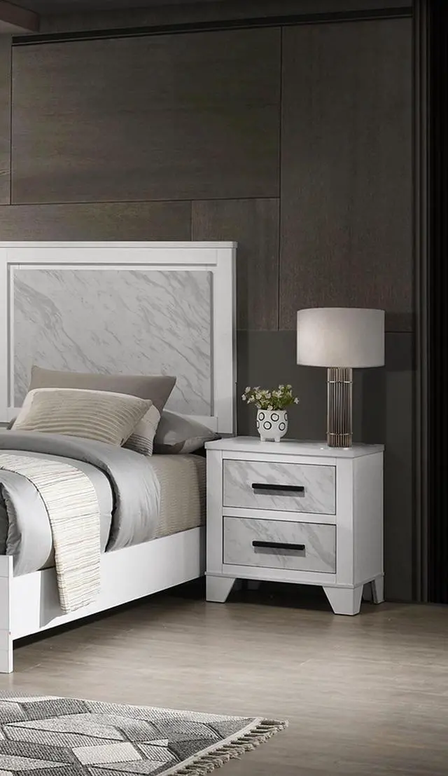 Alt view image 5 of 7 - White Color 1Pc Nightstand Black Bar Pulls Bedside Table Metal Center Glide Faux Marble Insert Bedroom Rubberwood