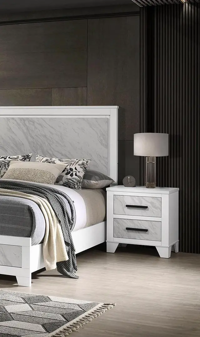 Alt view image 6 of 7 - White Color 1Pc Nightstand Black Bar Pulls Bedside Table Metal Center Glide Faux Marble Insert Bedroom Rubberwood