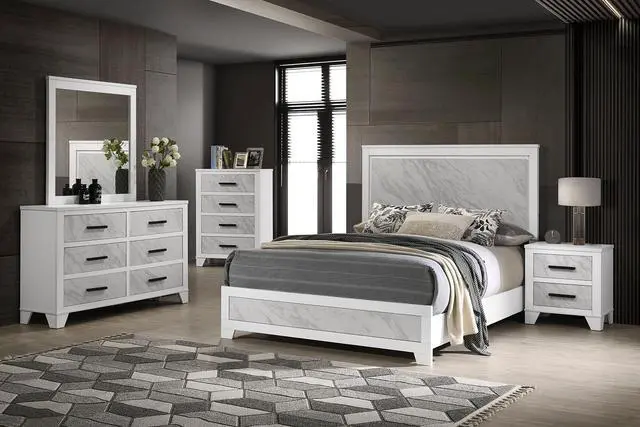 Alt view image 7 of 7 - White Color 1Pc Nightstand Black Bar Pulls Bedside Table Metal Center Glide Faux Marble Insert Bedroom Rubberwood