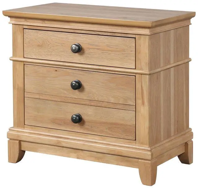 Alt view image 3 of 7 - Farmhouse Style Natural Oak Color 1Pc Nightstand Solid Wood Pecan Veneer 3-Drawers Storage Bedside Table Bedroom Furniture