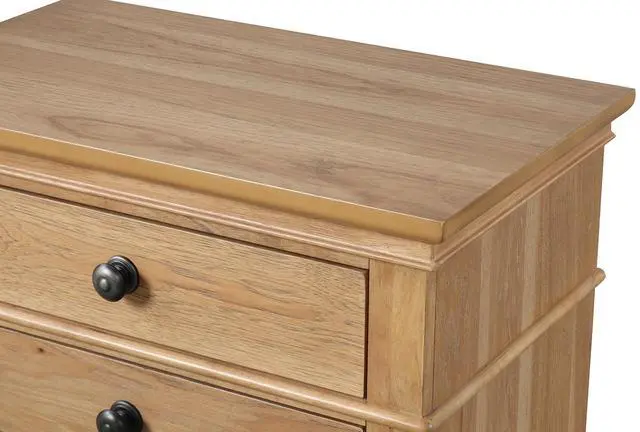 Alt view image 5 of 7 - Farmhouse Style Natural Oak Color 1Pc Nightstand Solid Wood Pecan Veneer 3-Drawers Storage Bedside Table Bedroom Furniture