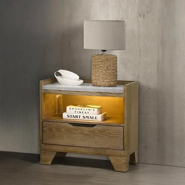 Main image of Transitional Brown Finish Nightstand With Led Light Usb Ports Wooden Bedroom Furniture 1Pc Bedside Cabinet Drawer Shelf